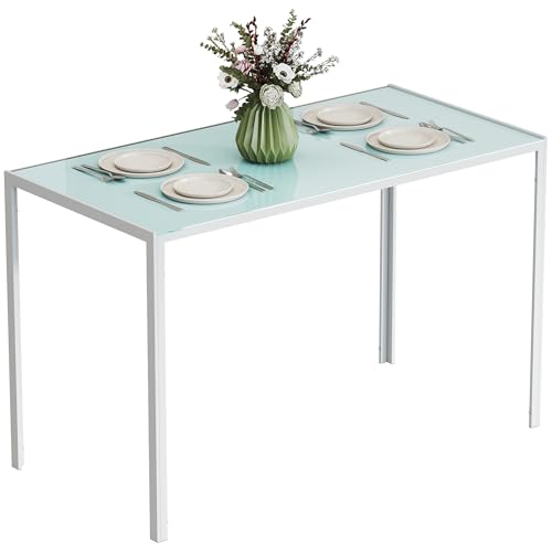 HOMCOM Table à Manger rectangulaire pour 4 Personnes, 120 x 60 x 75 cm, Table de Cuisine avec Plateau en Verre trempé et Pieds en métal, Style Moderne, Blanc