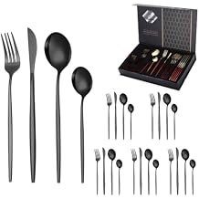 24 PCS Luxury Stainless Steel Knife Set, 6 X Dinner Forks, 6 X Dinner Knives, 6 X Dinner Spoons, 6 X Tea Spoons, Kitchen Travel Utensils Set Service for 6SizeB,ColorBlack