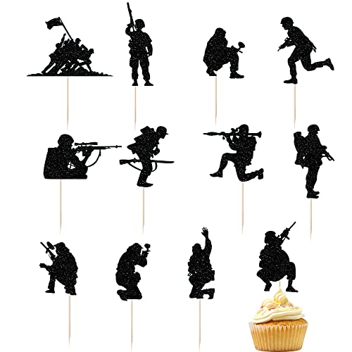 Military Themed Soldier Cake Toppers - 12 Pieces Paper Cups Black Glitter Soldier's Day, Veterans, Men's Birthday, Navy Army Special Forces Decorations #TOP13