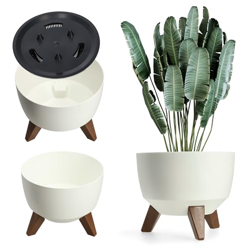 KADAX Maceta Decorativa de Plástico con Soporte Integrado, Macetero con Tres Patas de Imitación Madera para Interior y Exterior (Blanco, 24 cm)