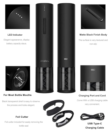 Ataller Rechargeable Electric Wine Bottle Openers, Cordless Automatic Wine Corkscrews Opener with Foil Cutter and USB Charging Cable, Black - Image 5