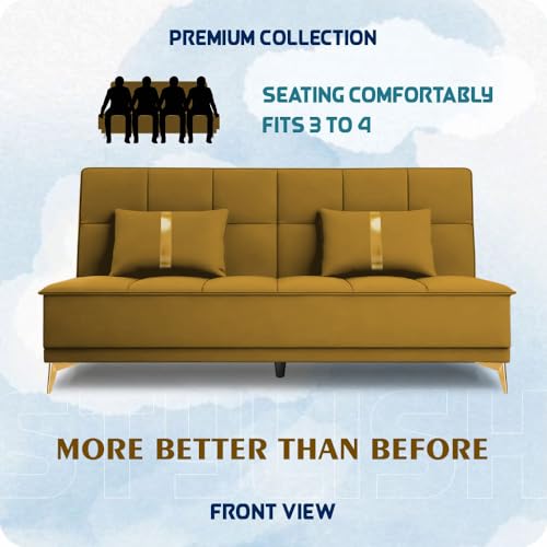 Image of Adorn India Premium New Alyssum 3 Seater Sofa Cum Bed 4X6 Velvet Suede with 2 Cushions (Color Yellow) and Suitable for All Indoor, with 3 Years Warranty