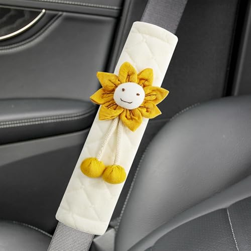 Image of Amooca Soft Auto Seat Belt Cover Seatbelt Shoulder Pad Cushions 2 PCS for a More Comfortable Driving Universal Fit for All Cars and Backpack Off-White Orange Sunflower