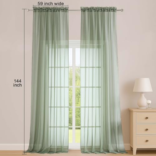 Image of OWENIE Extra Long Sage Green Sheer Curtains 144 inch 2 Panels Set, Translucent Backdrop Window Scarf Drapes for Canopy Bed /Wedding /Living Room /Anniversary, 12FT Length, Each 59Wx144L in, 2PCS