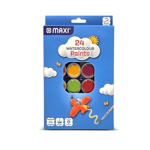 Maxi Watercolor Paint Set 24 Colors 28mm Non toxic Washable Watercolor Palette with 1 Paint Brushes for Artists Kids & Adults Art & Craft Supplies
