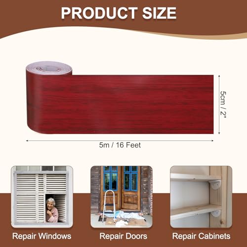 Image of MECCANIXITY Wood Grain Repair Tape, 2 Inch x 16 Feet Self Adhesive Wood Grain Tape Multi-Purpose Wallpaper Border Trim for Furniture Floors Windows Doors Tables Home, Red