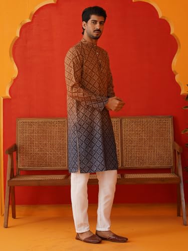 Image of Jompers Thread Work & Sequin Embellished Printed Kurta Set for Men Cotton Blend