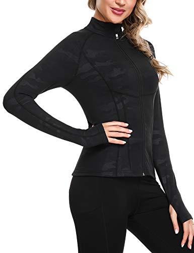 Sykooria Women's Workout Yoga Jacket Full Zip Running Track Jacket with Thumb Holes and Pockets (Black,M)