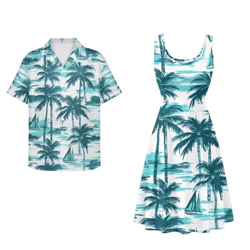 Image of Dreaweet Summer Dresses for Women A-Line Sleeveless Flowy Sun Dresses,Men's Casual Button-Down Shirts,Couple Matching Outfits