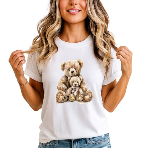 Image of Sassy Souls Teddy Bear Mum and Baby Watercolor Art Womens T-Shirt Teddy Bears Motherhood for Her 5XL (34-36) White