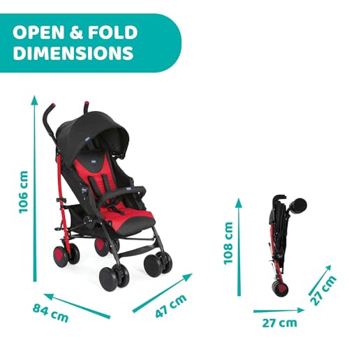 Chicco Echo Stroller with Bumper Bar, Pram for 0 to 5 years New Born / Baby / Toddler / Kid (Boy,Girl), Fully Reclining Backrest with 4 Positions, Adjustable Leg Rest, Compact Umbrella Fold with Easy to Carry Handle, 5-Point Safety Harness, Large Canopy with Peek-a-boo Window (Upto 22 Kgs, Red)