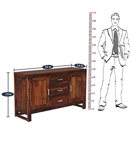 Image of Solid Sheesham Wood Free Standing Multipurpose Storage Sideboard Cabinets with 2 Door & 4 Storage Drawers Cabinet for Living Room Home and Office Teak Finish
