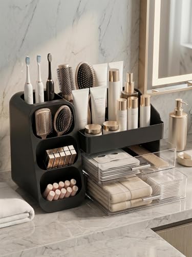 Image of Booklov Makeup Organizer for Vanity, Large Capacity Cosmetic Display Case with Drawers, Countertop Beauty Storage Holder for Skincare, Brush Eyeliner Perfume Eyeshadow Lipsticks, Counter Desk, Black