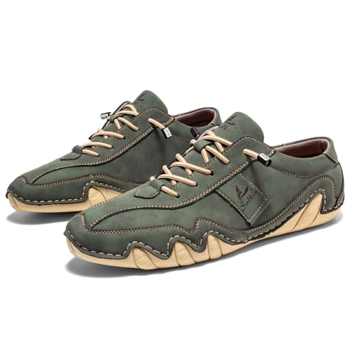 Men's Waterproof Suede Casual Walking Shoes for Hiking Camping & Driving All Season Retro Hand Stitched Round Toe Elastic Lace Up Outdoor Sports Sneakers Comfortable Soft Fashion Sneakers (Green,10)