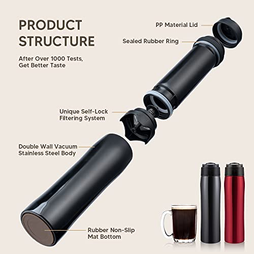 Benfuchen Portable Coffee Maker Stainless Steel Insulated Double Wall Vacuum Car Travel French Press Tea Maker Coffee Pot Outdoor Coffee Mug Cup With Stainless Steel Spoon, 350Ml/12Oz, Red #TOP5