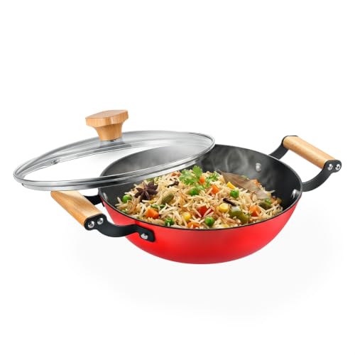 Image of Prestige Castlite Enamel Coated Cast Iron Kadai 20cm / 1.4L | Lightweight, High Heat Retention | Gas & Induction Compatible | Low-Oil Cooking | Stay-Cool Wooden Handles | Easy Clean | 15Y Warranty