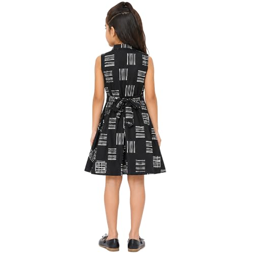 Image of Girls Printed Knee Length Fit and Flare Sleeveless Collar Dress