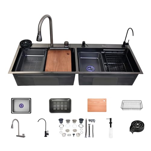 Image of Fossa 47 inchx18 inchx10 inch Inch 5-Year Warranty Double Bowl Waterfall Kitchen Sink Honeycomb Embossed Sink with black Nano Coating, Pure Stainless Steel Sink, faucet with all Accessories.