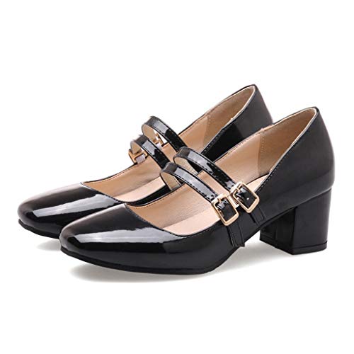 MIOKE Women's Square Toe Mary Jane Pumps Buckle Strappy Comfort Chunky Block Mid Heel Classic Dress Shoes2