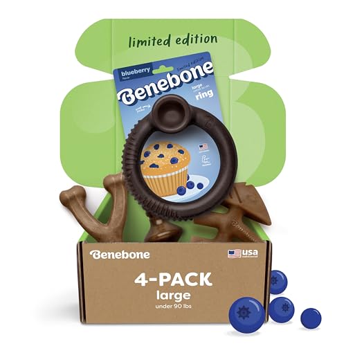 Image of Benebone Limited Edition Blueberry Large 4-Pack Dog Toys for Aggressive Chewers, Durable Dog Bones, Made in USA, Dog Toys for Large Dogs Under 90 lbs