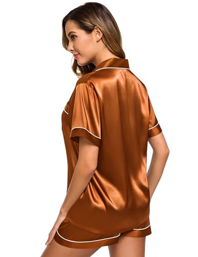 Image of SWOMOG Womens Silk Satin Pajamas Set Short Sleeve Sleepwear Button Down Top and Shorts Loungewear 2 Piece Pjs Set XS-3XL