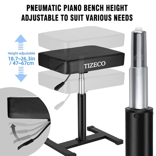TIZECO Hydraulic Piano Bench Adjustable Stool, Heavy Duty Music Keyboard Bench Seat for Piano Keyboard Stand with Black Padded Cushion for Musicians Piano Stool Chair Automatic Height Adjustment