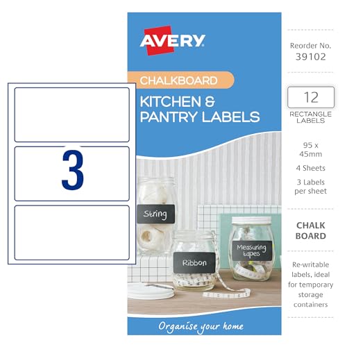 Avery Chalkboard Rectangle A6 Organisation and Storage Labels - Organisation Stickers - Home Storage & Organisation - Chalk Design, 95 x 45 mm, 12 Labels / 4 Sheets (39102)