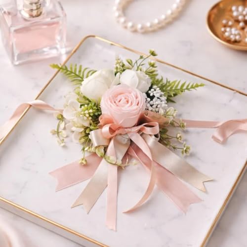 Image of SATYAM KRAFT 1 Pcs Handmade Artificial Rose Floral Brooch with Satin Ribbon - Premium Wedding Corsage for Groom, Bridesmaid, Engagement, Reception, Gift Decoration