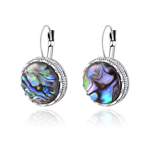 Handmade Round Abalone Shell Earrings, Vintage Boho Style, Colorful Dangle Earrings with Silver Leverback