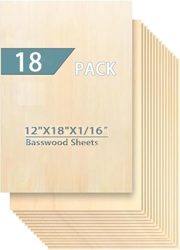 Cassny Unfinished Wood Pieces 18 Pack Basswood Sheets18 x12 x 1/16 Basswood Plywood Wood Sheets for Crafts Perfect for Painting Drawing Laser Engraving Burning and CNC Cutting (18x12x1.5mm)