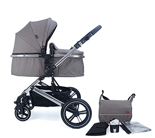 Pixini Neyla Kombi Kinderwagen mit Stoffwanne/Buggy/Wickeltasche/Getränkehalter/Regenplane/Mückennetz/Wickelauflage (chrom/braun)