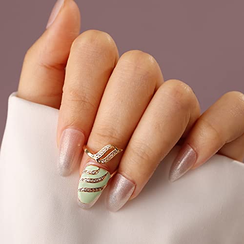 Xerling Gold Finger Nail Rings for Women Dainty Rhinestone Nail Cap Cover Ring Aesthetic for Teen Girls Decorative Fingertip Rings Zircon Crystal Rings (Type A-Green)2
