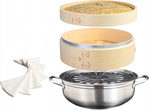 蒸し器・せいろ 中華蒸篭 天然竹製 多用途 IH対応 鍋つき蒸篭2段(本体2個蓋1個)セット 業務用 せいろ蒸し器 餃子 饅頭 点心 中華料理専用 シ蒸器 満菜 深型 兼用鍋 調理器具 (32 cmスープ鍋 +30 cm竹蒸し器2層1蓋)