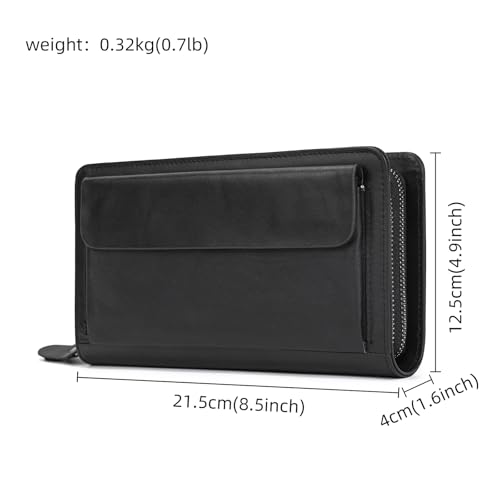 Genuine Leather Wallet Double Zipper Large Capacity Long Purse Clutch Bag Handbag Pouch Business Cash Cards Phone Holder, Black3