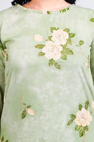 Image of Women Modal Cotton Kurti | Frill On Boat Neck, Print Highlighted with zari and Pearl Work | Straight Kurti | Boat Neck |Three Fourth Designer Sleeves