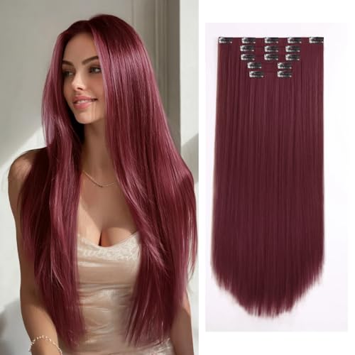 StrRid Burgundy Clip in Extensions 26 Inch Long Invisible Thick Synthetic Extension Straight Clips on Hair Pieces 5PCS Soft and Not Easily Knotted Hairpieces for Women Weddings Party Daily Use 8.1 Oz