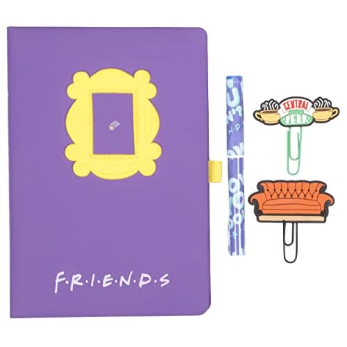 Friends - Artículos de Papelería - Mercancía y Set de Papelería de Friends - Cuaderno A5, Bolígrafo a Juego, Clips de Silicona x 4 y Caja de Regalo - Útiles Escolares Divertidos y Accesorio de Oficina