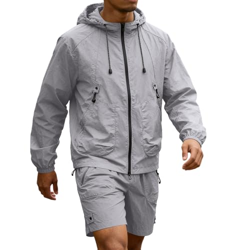 Mens Beach Clothes,Mens Tracksuit Casual 2 Piece Waterproof Rain Jacket And Cargo Shorts Set Athletic Jogging Sports Outfits(Grey,Medium)