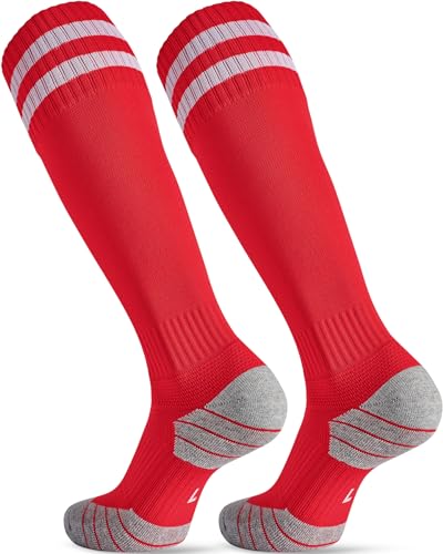 CWVLC Soccer Socks for Kids Youth Adult Cotton Football Softball Baseball Socks Medium Red-2 Pairs