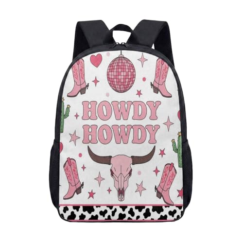Mochila retrô de cowboy com caveira de touro ocidental, 43 cm, rosa, estampa de cacto Howdy, mochila de viagem para mulheres e homens, 02, Large