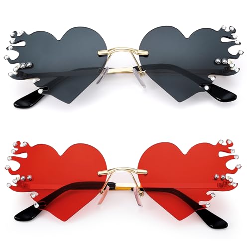 Melting Red Heart Fire Flame Sunglasses Women Men Rimless Halloween Costume Glasses Party Novelty Eyewear