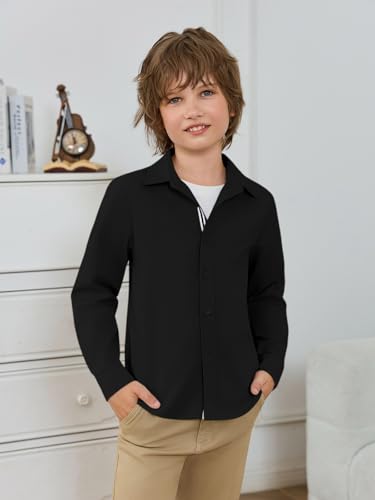 Haloumoning Boys Long Sleeve Dress Shirts Kids Solid Casual Button Down Uniform Shirts 5-14 Years3