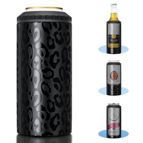 Image of 3 in 1 Slim Can Cooler for 12 OZ Skinny Can, Regular Can & Beer Bottle - Keep Cold for 6 Hours - Double Walled Insulated Stainless Steel Vacuum Beverage Can Insulator (Black Leopard)