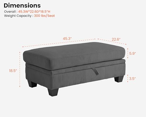 Image of CHIC HOUSE Middle Module for Modular Couch, Corduroy Customizable Chaise, Storage Ottoman for Sectional Sofa, Armrest, Single /Double Seater