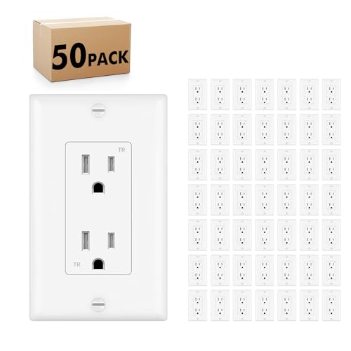 Micmi 15A Decorator Receptacle Outlet, Tamper Resistant, Decorative Electrical Receptacle Outlet, 15Amp 125 Volt, Grounding with Wall Plate UL Listed (50Pack, Snow White) 15 Amp Outlet Snow