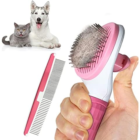 Fur Magic Self-Cleaning Grooming Brush & Comb, Slicker Brush for Dogs and Cats with Short Medium and Long Hair, Deshedding Tool Removes Mats and Tangles, Pink Cover
