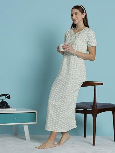 Image of 9shines Label Stylish Chikankari Cotton Nighty Maxi for Women | Full Length Nightgown | Nightdress with Pocket | Embroidery Nighty | Soft Comfortable Cotton Nightwear (1545)