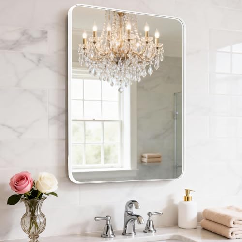 YYXW 24" L x18 Bathroom Mirror Wall Mounted, Matte Aluminum Alloy Frame with Rounded Corners, Shatterproof Tempered Glass, Anti-Rust HD Vanity Mirror for Bathroom, Bedroom, Entryway (White) by YYXW - Used condition - US$56.99