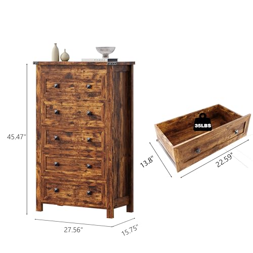 Image of Wodeer Brown Dresser Tall 5 Drawer Dresser for Bedroom, Wooden Dressers & Chests of Drawers with Metal Handles, Modern Storage Cabinet and Organizer Drawers for Bedroom, Hallway, Entryway