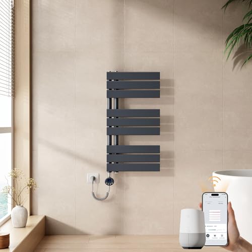 EMKE Seche Serviette Electrique 762 x 400 mm, Porte-Serviettes Chauffant avec WiFi Thermostat, Chauffe Serviette Salle de Bain Anthracite 400 W,Sèche Serviette...